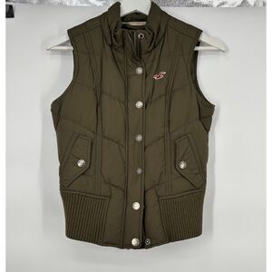 Hollister Womens Olive Green Quilted‎ Puffer Vest Size Small Zip Snap Front